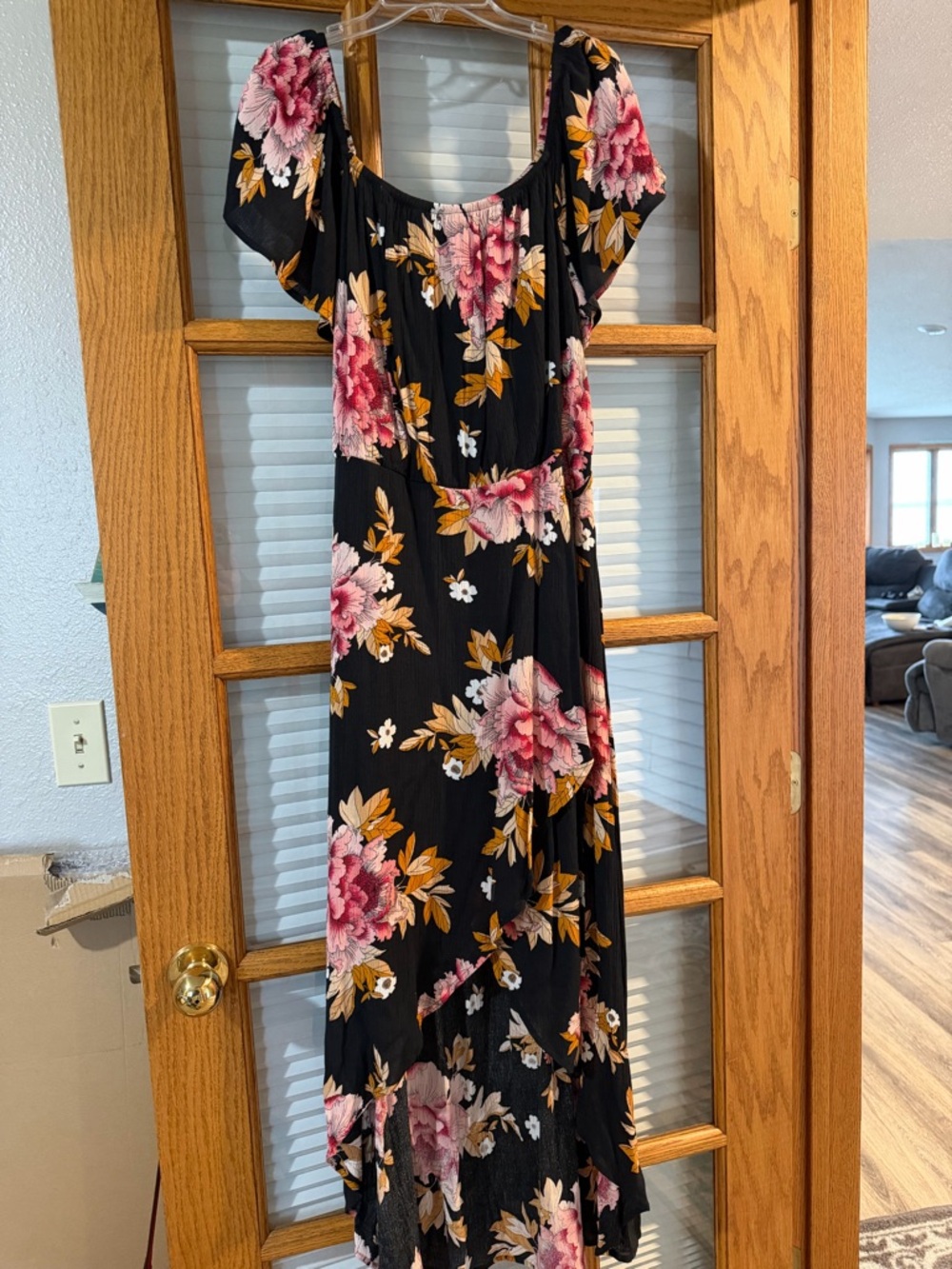 Maurices Black Maxi Dress with Pink and Gold Floral Print